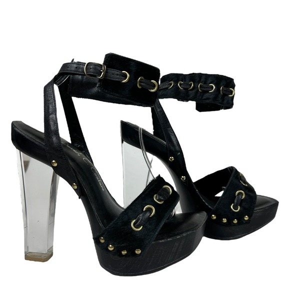 David C Couture Pony Hair Wooden Lucite Square Toe Made in USA Platform Heels 7 - Picture 3 of 9